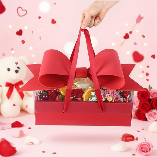AceOrbit 3 Set Flower Gift Box with Bow Paper Empty Large Red Gift Baskets with Lid and Handle Squared Cardboard Fillable Present Chocolate Packaging for Christmas Valentine Birthdays Bridal Wedding