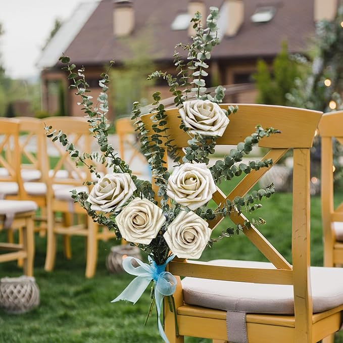 Artificial Flowers, 100pcs Champagne Light Gold Rose for DIY Wedding Bouquets Centerpieces Arrangements, Artificial Rose with Stem for Bridal Shower Party Home Decorations