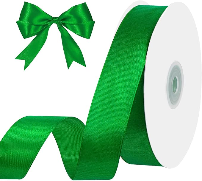 Green Ribbon 1 Inch 50 Yards Christmas Satin Ribbon for Holiday Decor Christmas Craft Nature Irish Party Gift Wrapping Xmas Decorations