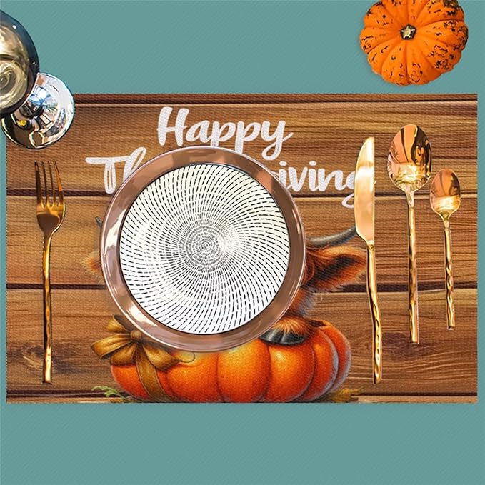Thanksgiving Pumpkin Highland Cow Placemats Set of 1 PVC Vinyl Non Slip Table Mats Heat Resistant Place Mats Washable Wipeable Dining Table Mat for Kitchen Decor Party Indoor Outdoor Decorative Gift