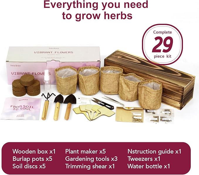 Herbsy 5 Indoor Flower Growing Kit, Complete Planting Starter Set with Sunflower, Zinnia, Marigold, Cosmos, Cornflower Seeds, Unique Birthday and Christmas Gifts for Women, Men, Plant Lovers