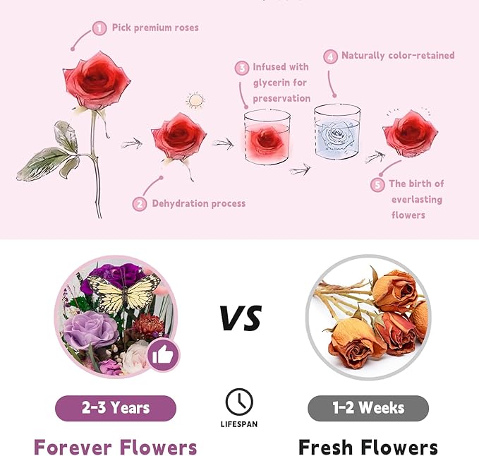 Eternal Flower with Butterfly: Big Flowers Big Love-Elegant Flower in Glass Dome-Thanksgiving, Christmas, Mom Gifts for Her-Flowers for Delivery Prime-Floral Arrangements(Purple)