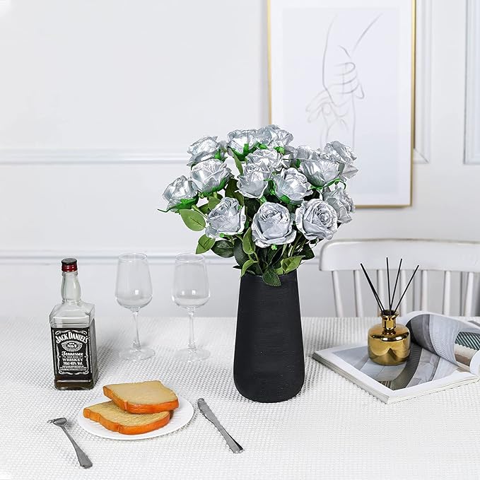 Nubry Artificial Silk Rose Flower Bouquet Lifelike Fake Rose for Wedding Home Party Decoration Event Gift 10pcs (Silver)