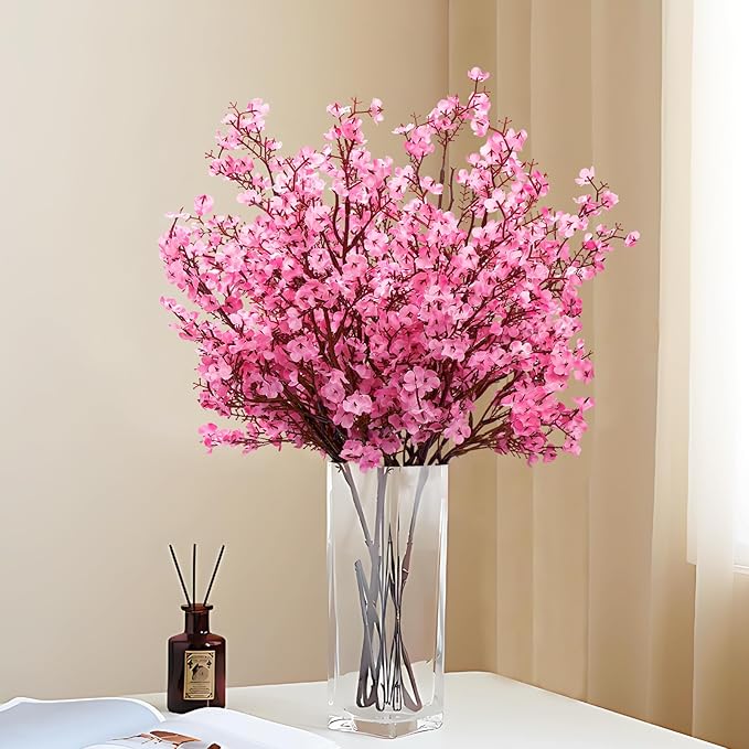Yastouay Pink Artificial Babys Breath Flowers, 10 Pcs Real Touch Silk Faux Flowers for Decorations, Spring & Summer Floral Arrangement