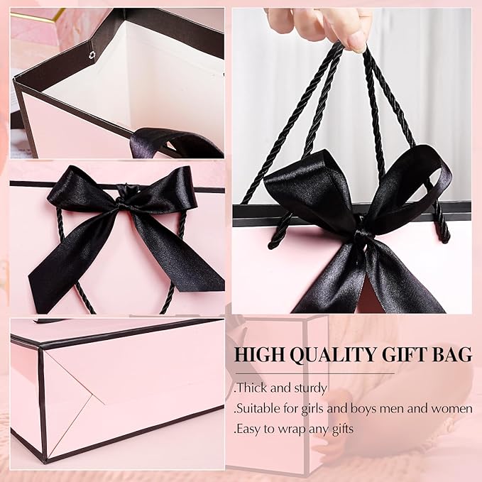 Pink Gift Bags 13”, 2 PCS Large Gift Bags with Handles for Girls Women, Portable Gift Bag Set with Tissue Paper Greeting Card and Bow Ribbon, Pink Paper Bags for Birthday Wedding Valentine's Day