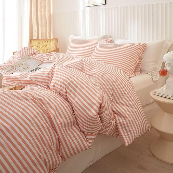 King Size Comforter Set Pink White Stripes Pattern Comforter Modern Striped Comforter Set Fluffy Lightweight 3 Pieces Bedding Comforter Farmhouse Stripes Boho Bed Comforter with 2 Pillowcases