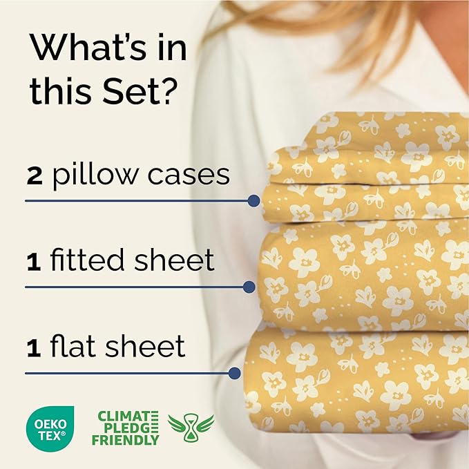 Floral Sheets - Yellow Floral Bed Sheet Set - 1 Flat, 1 Fitted & 2 Pillowcases w/ Deep Pockets - Comfy, Wrinkle & Fade Free - Boho Botanical Bedding - Ultra-Soft, Breathable & Cooling - King Size Set
