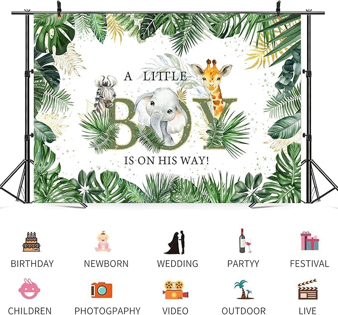 9x6ft Baby Shower Backdrop A Little Boy is On His Way Photography Background Jungle Animals Elephant Giraffe Green Gold Leaves Kids Party Banner Decorations Newborn Parties Photo Booth Prop