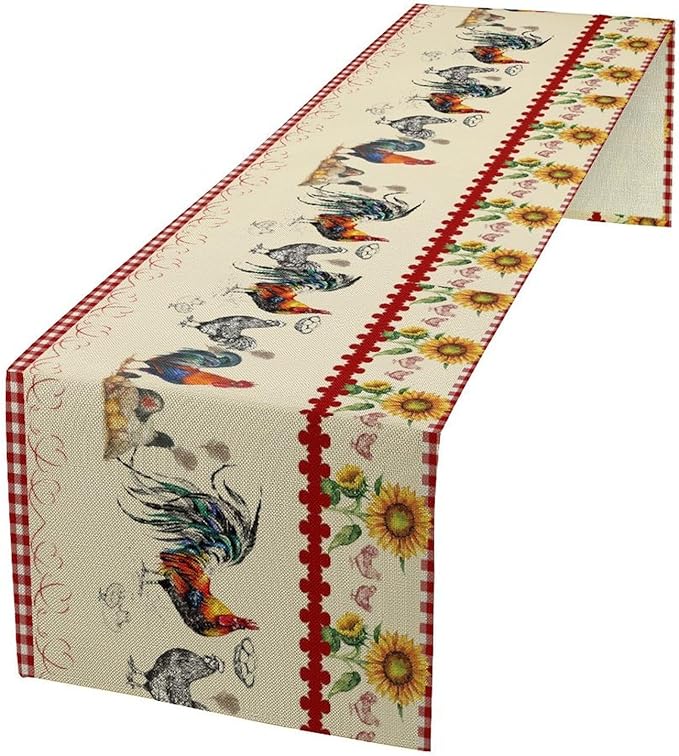 Rustic Rooster Table Runner,Vintage Country Farm Sunflower Chicken Red Plaid Print Tablecloth Burlap for Hotel Indoors Outdoor Dining Room Kitchen Home Decor,W13X L70 in