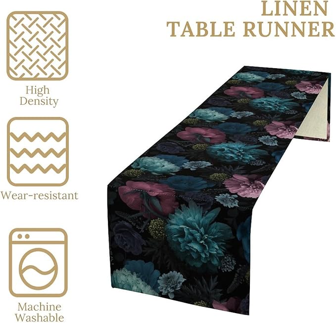 Gothic Flowers Table Runner,Vintage Garden Floral Prints Table Runner for Home Kitchen Table Dining Indoor Outdoor Party Decor 13x60 Inch