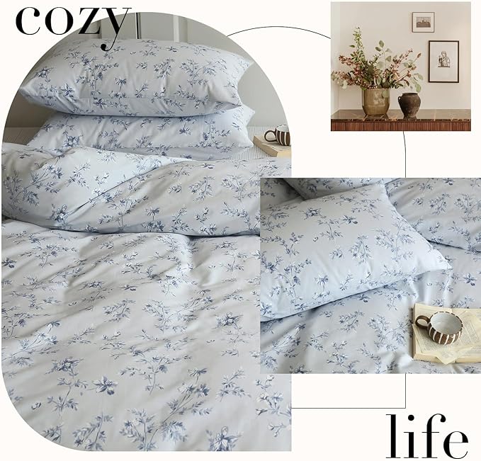HighBuy Cozy Blue Floral Comforter Set King Size 3 Piece Bedding Comforter King with 2 Pillowcases Boho Style Comfy Soft King Comforter Set Women Girl All Season Bedding Collection