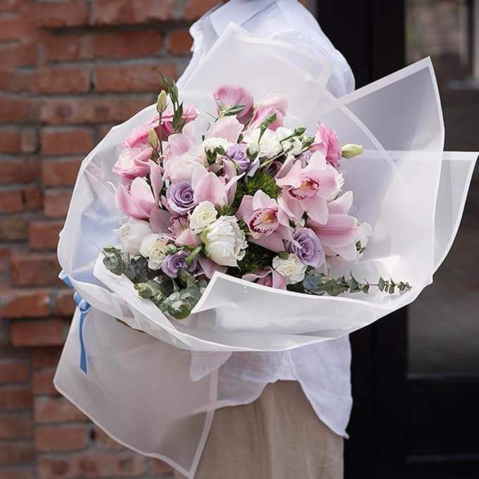 Kosotody 20 Sheets Frosted Flower Wrapping Paper White Line Waterproof Florist Bouquet with Ribbon for Bouquets DIY Crafts Packaging Bouquet, 22.8x22.8 inch (White)