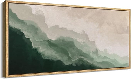 SIGNFORD Extra Large Framed Canvas Print Wall Art Abstract Green Wave Nature-Inspired Illustrations Modern Art Relax/Calm for Living Room, Bedroom, Office - 60"x30"