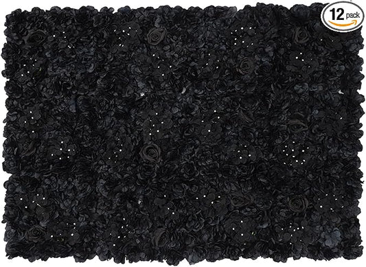 12 Pcs Artificial Flower Wall Panels, 15 x 15 Inch Floral Backdrop Silk Flower Wall Decor, 3D Black Hydrangeas Dahlias Roses Panels Background for Wedding Party Baby Shower