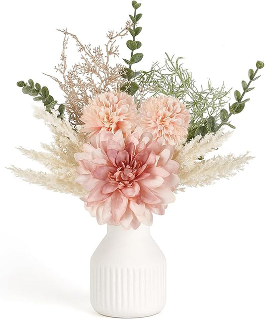 Mkono Small Artificial Flowers in Ceramic Vase 13.5" Centerpieces Coffee Table Decor, Silk Flower Arrangements for Home Decor Indoor Fake Flower Bouquet for Bathroom Dining Room Kitchen Wedding Pink