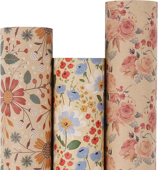 Aimyoo Kraft Floral Wrapping Paper Bundle, Vintage Spring Flowers Rose Gift Wrap Paper for Wedding Bridal Shower Birthday, 3 Rolls 17 in x 12 ft per Roll