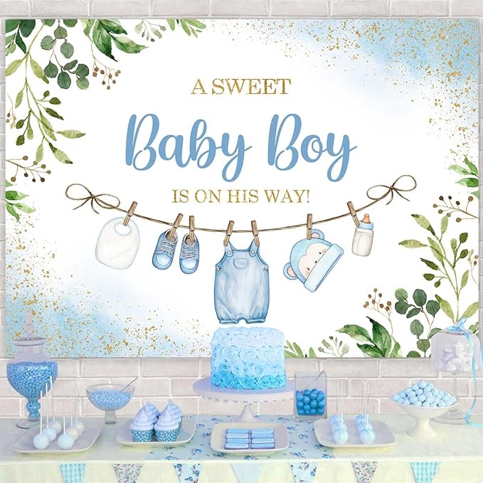 Sensfun Cute Clothes Baby Shower Backdrop for Boys A Sweet Baby Boy is On His Way Banner Greenery Eucalyptus Leaves Welcome Baby Boy Baby Shower Party Decorations Banner Photo Booth Props 8x6ft