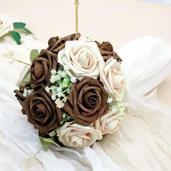 Artificial Flowers, 25pcs Brown and Tan Artificial Flower for DIY Wedding Bouquets Centerpieces Arrangements, Artificial Rose with Stem for Party Home Decorations