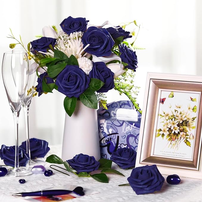 100 Pieces Artificial Foam Rose Flowers Faux Bouquet with Leaves and Stems for DIY Wedding Bouquets Centerpieces Bridal Shower Party Valentine Home Decorations(Navy Blue)