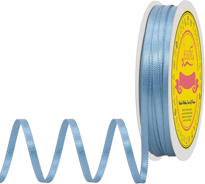 Double Face Dusty Blue Satin Thin Ribbon 1/8 inch X 50 Yards Polyester Dusty Blue Ribbon for Gift Wrapping Very Suitable for Weddings Party Hair Bow Invitation Decorations and More