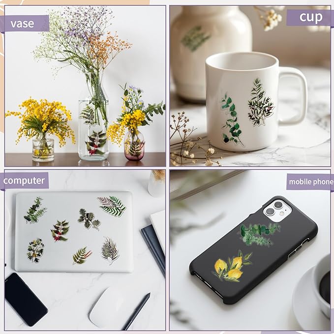 Natural PET Flower Stickers for Scrapbooking - Vintage Nature Plant Craft Decals, Colorful Small Floral for Journaling (Style B)