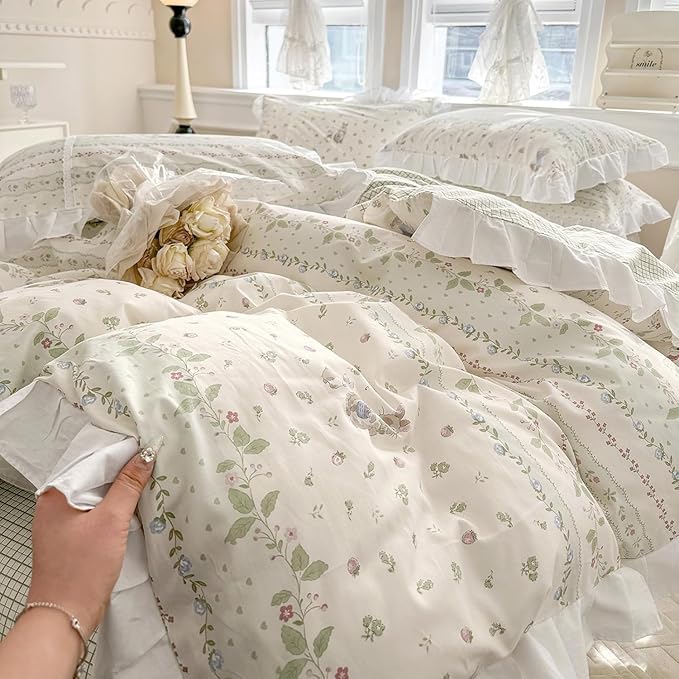 Ruffle Floral Comforter Girls Flower Comforter Set Queen Aesthetic Leaves Floral Bedding Comforter with Cute Rabbit Reversible Green Plaid Comforter Princess Bedding Botanical Comforter Set