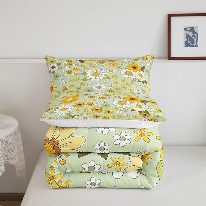 Vintage Floral Queen Size Comforter Set,Boho Spring Fresh Flowers Down Comforter Adults Bedroom Decor,Trippy Hippie Groovy Botanical Ultra Soft Microfiber Inner Fill 3Pcs Bedding
