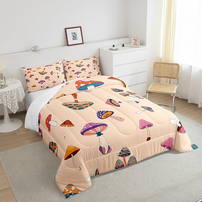 Castle Fairy Retro Trippy Mushroom Comforter Set Full Size,Hippie Plant Bedding Comforters for Girls Teens Gift,60s 70s Cartoon Style Quilt Set with 2 Pillowcases,Chic