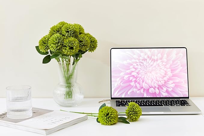SITUMEIZI 12 Pcs Green Artificial Chrysanthemums Flowers Ball Flower Fake Mums Silk for Wedding Home Kitchen Decoration Floral Arrangement