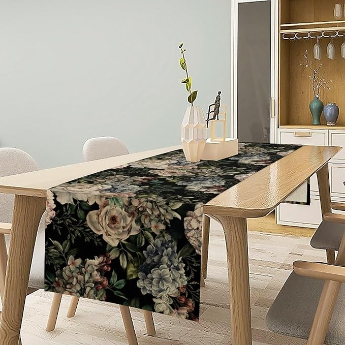 Retro Floral Table Runner, Dark Watercolor Flowers Boho Gothic Botanical Plant Art Table Runner for Indoor Outdoor Dinner Party Decor, 13x90inch