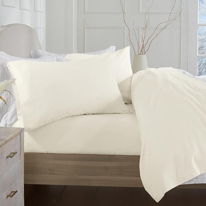 Market & Place 100% Turkish Cotton Flannel Sheet Set | 4 Piece Deep Pocket Solid Cozy Winter Bed Sheets | Double Brushed for Extra Softness & Comfort | Chalet Collection (King, Ivory)