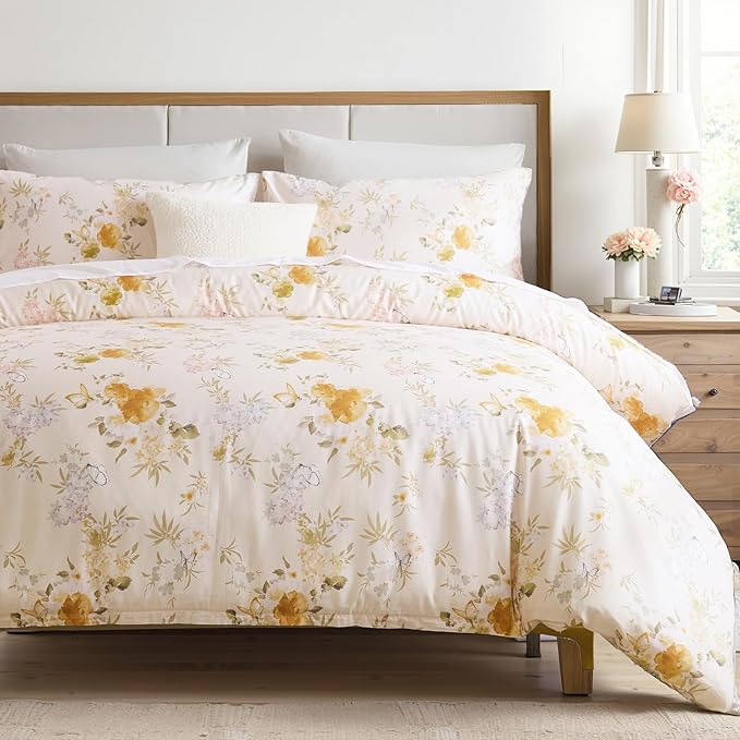 100% Cotton Duvet Cover Queen Size – Elegent Yellow Floral Duvet Cover Set with Zipper Closure & Corner Ties, 3-Piece Luxury & Silky Soft Bedding Set for All Seasons