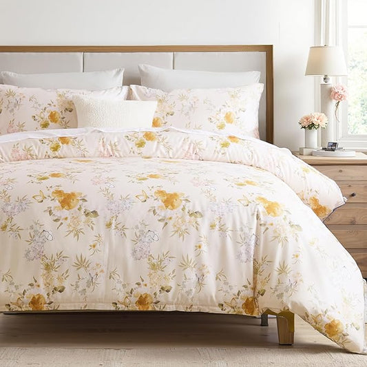 100% Cotton Duvet Cover Queen Size – Elegent Yellow Floral Duvet Cover Set with Zipper Closure & Corner Ties, 3-Piece Luxury & Silky Soft Bedding Set for All Seasons