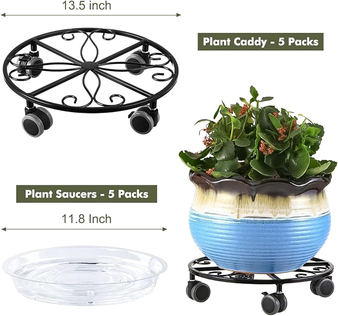 5 Pack Plant Caddy with Wheels Heavy Duty 13.5 Inches Metal Plant Stand with Wheels Plant Dolly Rolling Plant Stand Plant Roller with Casters for Indoor and Outdoor, Black