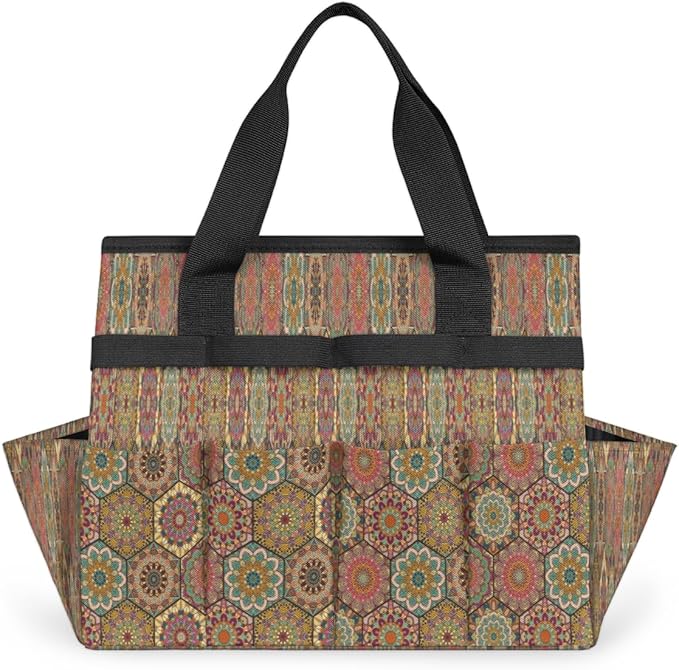 Ethnic Flowers Garden Tool Tote Bag for Women Men Gardening Tool Storage Bags with 10 Pockets Standable Garden Home Tool Kits Organizer for Indoor Outdoor Gardening Gifts