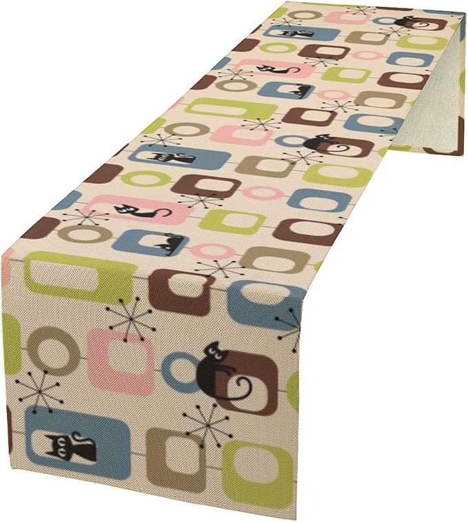 Mid Century Modern Black Cat Table Runner,Table Runners for Kitchen Dining Modern Tables Decor Decoration for Kitchen Family Dinner Table Holiday Party Farmhouse 13 x 36 Inch Pink