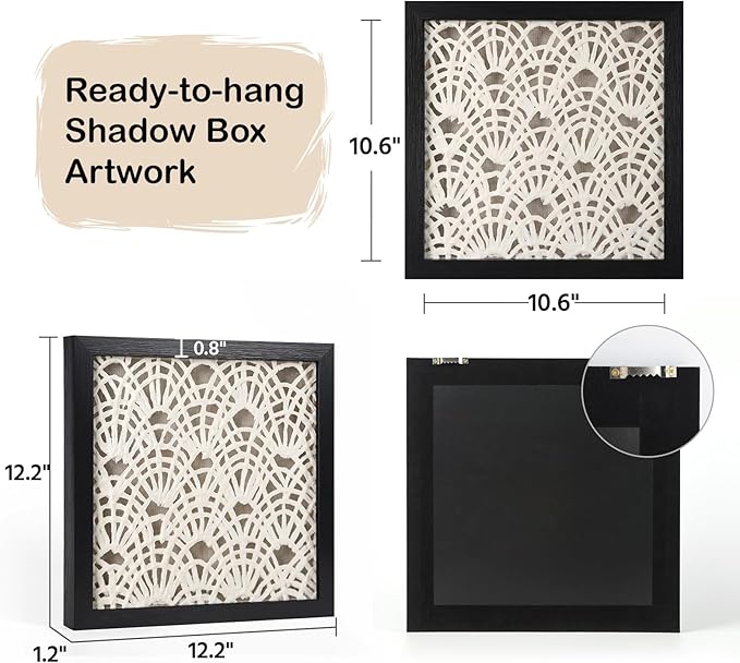 FOLKOR Framed Abstract Wall Art Apartment Living Room Decoration, 12" Handmade Rice Paper Black and White Shadow Box Artwork, Geometric Beach House Decor Wall Hanging Sculpture Gallery Art Decor