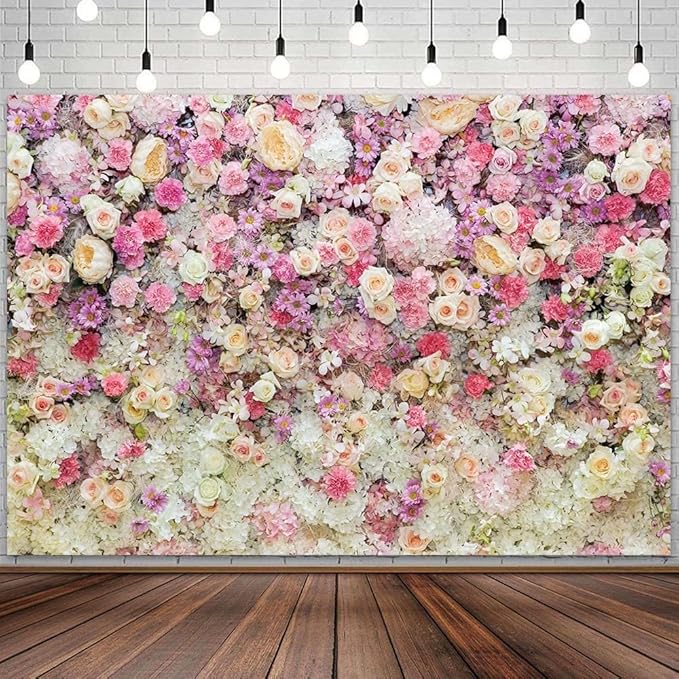 15x10ft Pink Rose Floral Flower Wall Backdrop Girls Wedding Birthday Bridal Shower Kids Portrait Background Photoshoot Cake Table Tea Party Photoshoot Decorations Photo Studio Props