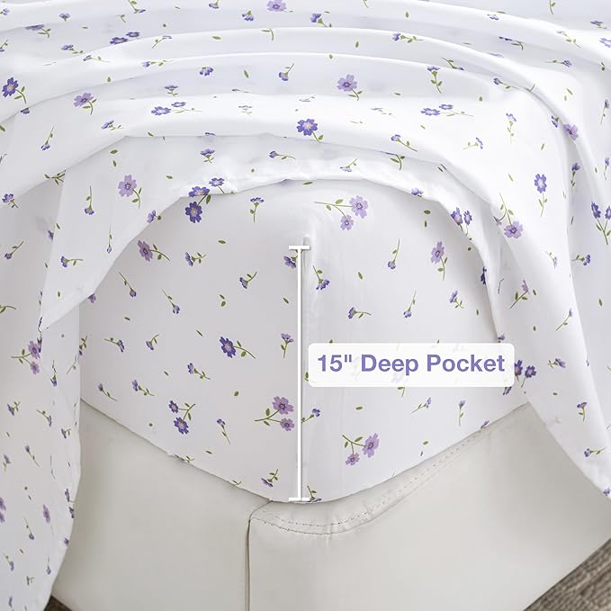 Softan Floral Full Sheet Set Purple Flower Printed Bed Sheets Double, Cozy Microfiber Patterned Fitted Sheets with 15" Deep Pocket & Non-Slip Straps, Cute Purple Sheets and Pillowcase Set
