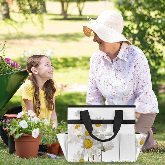 Floral Flower Daisy Garden Tool Tote Bag for Women Men Gardening Tool Storage Bags with 10 Pockets Standable Garden Home Tool Kits Organizer for Indoor Outdoor Gardening Gifts