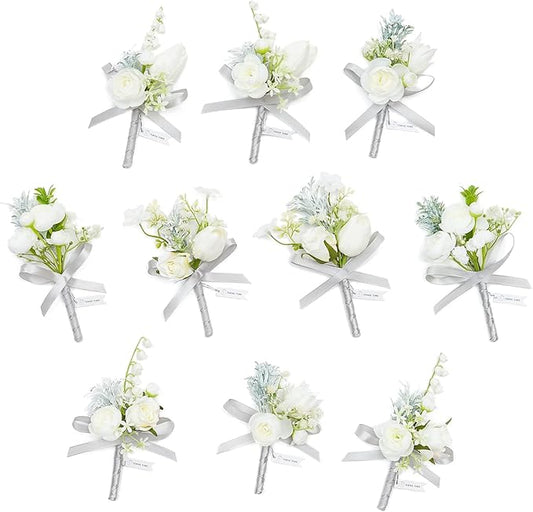 TINGE TIME Boutonniere for Men Wedding,Groom and Best Man Boutonniere for Wedding Ceremony Anniversary, Formal Dinner Party and Rustic Spring Wedding Marriage (10, White)