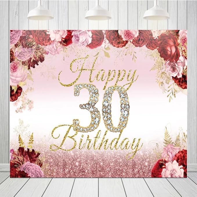 10x8ft Happy 30th Birthday Backdrop Pink Red Rose Flower Bush Garden Birthday Photography Background Floral Themed Women 30th Birthday Party Decoration