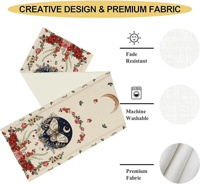 Gothic Moth Table Runner, Boho Floral Gothic Sun Moon Phase Mystical Witchy Starlight Coffee Table Center Decor for Home Kitchen Dining Patio Holiday Party Table Decorations 13x36 inches