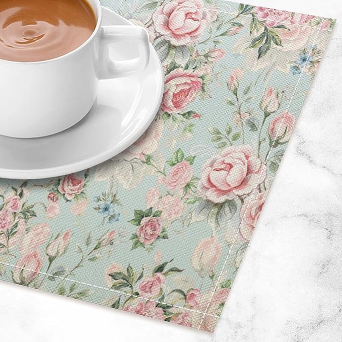 Pink Flowers Placemats Set of 8, 17x12 Inch Rustic Spring Floral Blossom Natural Romantic Table Mats for Home Party Kitchen Dining Decor