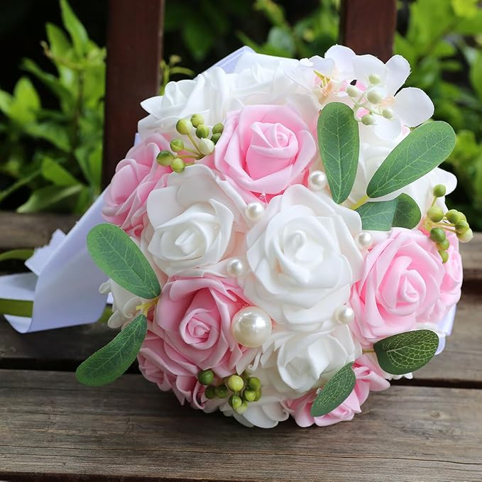 Lightweight Bridal Wedding Bouquet Round Holding Bouquet Throw Toss Artificial Rose Flower Bunch for Bride Bridesmaid Wedding Quinceanera (White & Pink, 9.1")