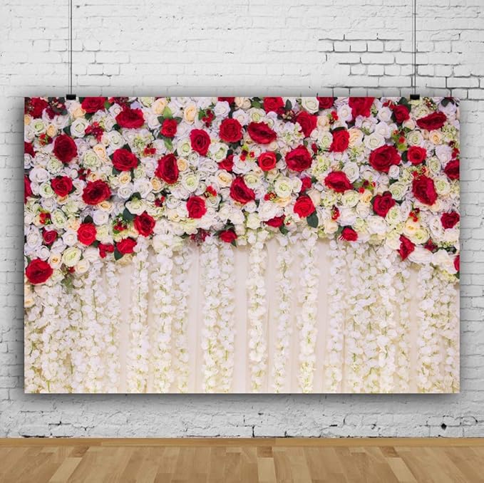 8x6ft White Red Flowers Wall Backdrops Wedding Floral Background Spring Blooming Roses Photography Banner for Bridal Shower Mothers Day Birthday Womens Day Valentines Day Baby Shower Decor