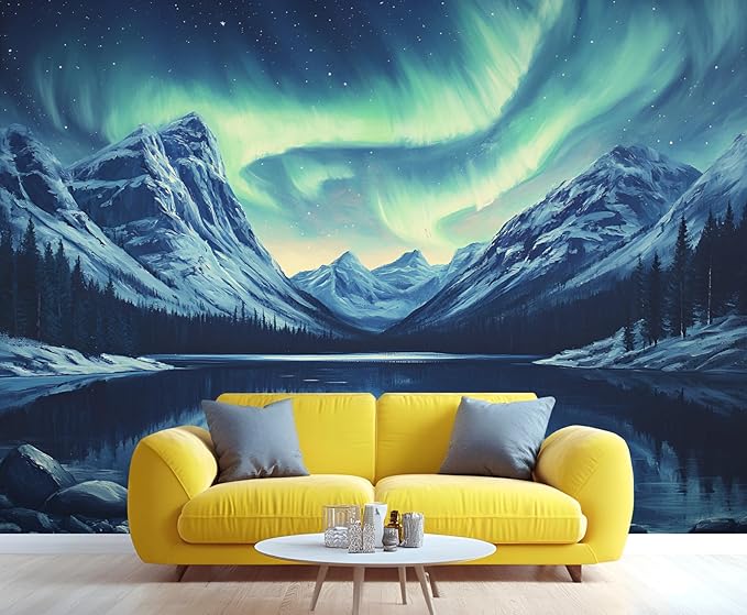 Northern Lights Mountain Wall Mural, Aurora Borealis Lake 3D Wall Murals, Snowy Peaks Starry Sky Wallpaper Mural, for Living Room Bedroom Large Wallpaper Indoor Decor 137.8" W x100 H