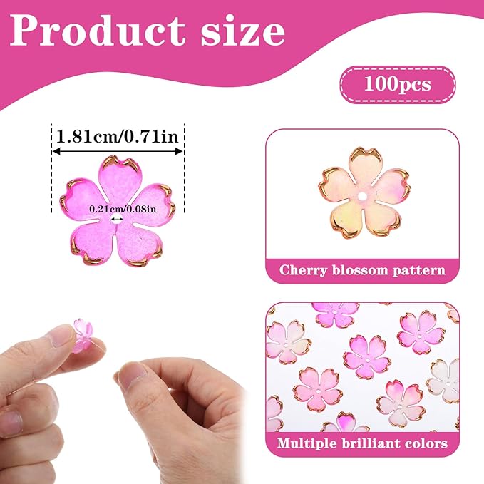 100 Pcs Cherry Blossom Beads, 5-Petal Acrylic Spacer Flower Beads for Jewelry Making, Mini Golden Edge Floral Shaped Bead for Making DIY Craft, Charms, Bracelets, Necklaces, Earrings (Pink Gradient)
