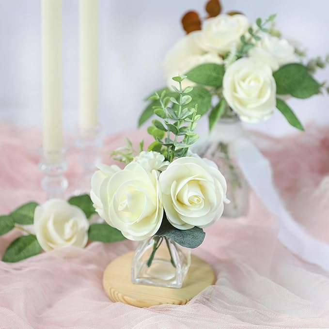 Meldel Artificial Flowers 50pcs Real Looking Beige Foam Fake Roses with Stems for DIY Wedding Bouquets Bridal Shower Centerpieces Floral Arrangements Home Decorations