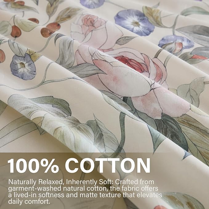 100% Cotton Duvet Cover Queen Size – Blooming Garden Duvet Cover Set with Zipper Closure & Corner Ties, 3-Piece Silky Soft & Breathable Pastel Floral Bedding Set for All Seasons